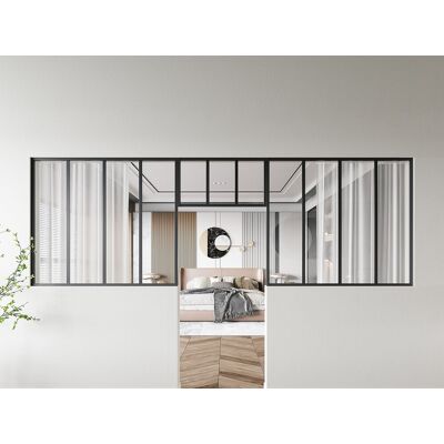 Unique Zestaw 2 przeszklonych ścianek industrialnych z nadświetlem z aluminium malowanego proszkowo - 2 x szer. 120 x wys. 105 + szer. 73 x wys. 40 cm - Czarny - BAYVIEW Unique Zestaw 2 przeszklonych ścianek industrialnych z nadświetlem z aluminium malowanego proszkowo - 2 x szer. 120 x wys. 105 + szer. 73 x wys. 40 cm - Czarny - BAYVIEW
