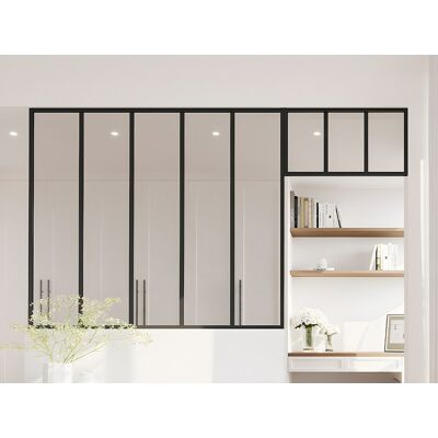 Unique Przeszklona ścianka industrialna z nadświetlem z aluminium malowanego proszkowo - szer. 150 x wys. 130 + szer. 73 x wys. 40 cm - Czarny - BAYVIEW Unique Przeszklona ścianka industrialna z nadświetlem z aluminium malowanego proszkowo - szer. 150 x wys. 130 + szer. 73 x wys. 40 cm - Czarny - BAYVIEW