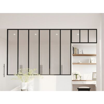 Unique Przeszklona ścianka industrialna z nadświetlem z aluminium malowanego proszkowo - szer. 180 x wys. 130 + szer. 73 x wys. 40 cm - Czarny - BAYVIEW Unique Przeszklona ścianka industrialna z nadświetlem z aluminium malowanego proszkowo - szer. 180 x wys. 130 + szer. 73 x wys. 40 cm - Czarny - BAYVIEW