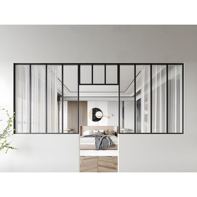 Unique Zestaw 2 przeszklonych ścianek industrialnych z nadświetlem z aluminium malowanego proszkowo - 2 x szer. 120 x wys. 130 + szer. 73 x wys. 40 cm - Czarny - BAYVIEW Unique Zestaw 2 przeszklonych ścianek industrialnych z nadświetlem z aluminium malowanego proszkowo - 2 x szer. 120 x wys. 130 + szer. 73 x wys. 40 cm - Czarny - BAYVIEW