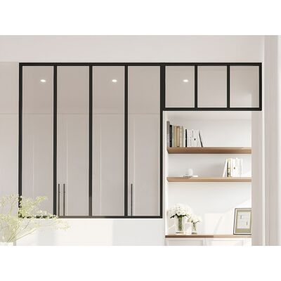 Unique Przeszklona ścianka industrialna z nadświetlem z aluminium malowanego proszkowo - szer. 120 x wys. 130 + szer. 83 x wys. 40 cm - Czarny - BAYVIEW Unique Przeszklona ścianka industrialna z nadświetlem z aluminium malowanego proszkowo - szer. 120 x wys. 130 + szer. 83 x wys. 40 cm - Czarny - BAYVIEW