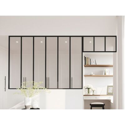 Unique Przeszklona ścianka industrialna z nadświetlem z aluminium malowanego proszkowo - szer. 180 x wys. 130 + szer. 83 x wys. 40 cm - Czarny - BAYVIEW Unique Przeszklona ścianka industrialna z nadświetlem z aluminium malowanego proszkowo - szer. 180 x wys. 130 + szer. 83 x wys. 40 cm - Czarny - BAYVIEW