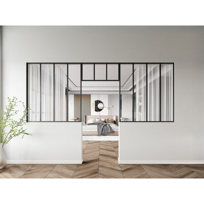 Unique Zestaw 2 przeszklonych ścianek industrialnych z nadświetlem z aluminium malowanego proszkowo - 2 x szer. 120 x wys. 130 + szer. 83 x wys. 40 cm - Czarny - BAYVIEW Unique Zestaw 2 przeszklonych ścianek industrialnych z nadświetlem z aluminium malowanego proszkowo - 2 x szer. 120 x wys. 130 + szer. 83 x wys. 40 cm - Czarny - BAYVIEW