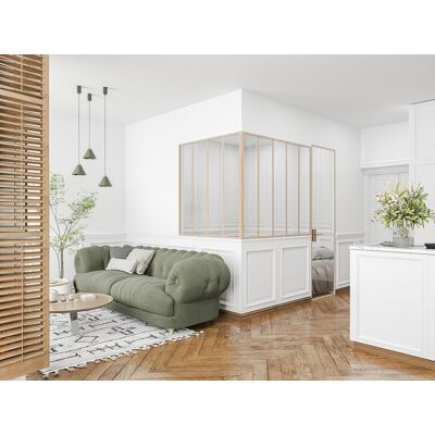 Unique Przeszklona ścianka narożna industrialna z aluminium malowanego proszkowo - szer. 150 x szer. 120 x wys. 130 cm - Naturalny jasny - BAYVIEW Unique Przeszklona ścianka narożna industrialna z aluminium malowanego proszkowo - szer. 150 x szer. 120 x wys. 130 cm - Naturalny jasny - BAYVIEW