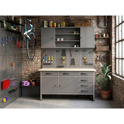 Unique Stół warsztatowy z drewnianym blatem, panelem perforowanym i szafką ścienną ze Stali - S160 x G60 x W205 cm - Szary BRICANO Unique Stół warsztatowy z drewnianym blatem, panelem perforowanym i szafką ścienną ze Stali - S160 x G60 x W205 cm - Szary BRICANO
