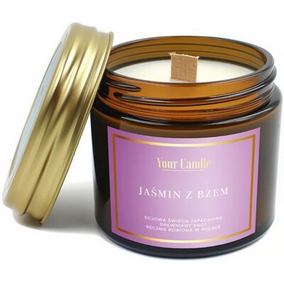 ŚWIECA SOJOWA ZAPACHOWA Z DREWNIANYM KNOTEM JAŚMIN Z BZEM 120 ml - YOUR CANDLE ŚWIECA SOJOWA ZAPACHOWA Z DREWNIANYM KNOTEM JAŚMIN Z BZEM 120 ml - YOUR CANDLE