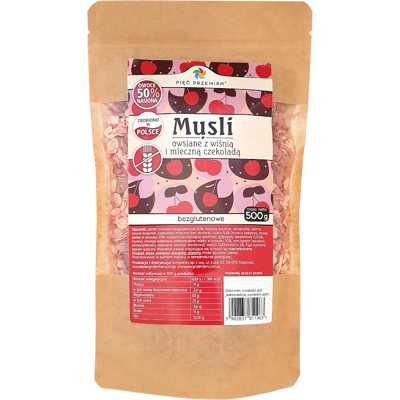 PIĘĆ PRZEMIAN Musli owsiane z wiśnią i mleczną czekoladą bezglutenowe 500g PIĘĆ PRZEMIAN Musli owsiane z wiśnią i mleczną czekoladą bezglutenowe 500g