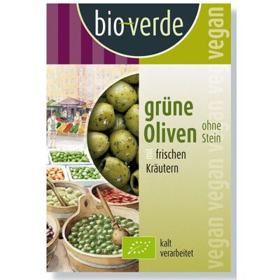 OLIWKI ZIELONE BEZ PESTEK Z ZIOŁAMI BIO 150 g - BIO VERDE OLIWKI ZIELONE BEZ PESTEK Z ZIOŁAMI BIO 150 g - BIO VERDE