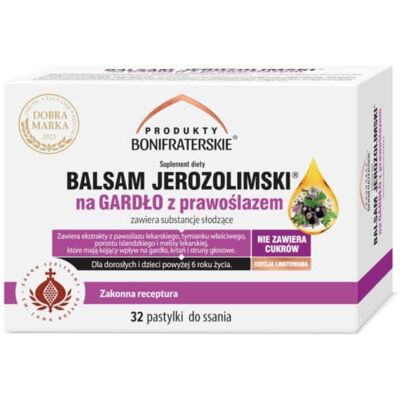 Produkty Bonifraterskie Balsam Jerozolimski na gardło z prawoślazem 32 p. Produkty Bonifraterskie Balsam Jerozolimski na gardło z prawoślazem 32 p.