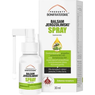 ZAKON SZPITALNY ŚW. JANA BOŻEGO Balsam Jerozolimski spray Propolis witamina B2 B3 i kompozycja ziół 30 ml Produkty Bonifraterskie ZAKON SZPITALNY ŚW. JANA BOŻEGO Balsam Jerozolimski spray Propolis witamina B2 B3 i kompozycja ziół 30 ml Produkty Bonifraterskie