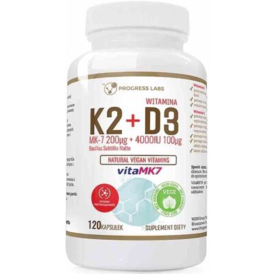 Progress Labs Wegański K2 MK-7 D3 4000IU L-leucyna - Suplement diety Progress Labs Wegański K2 MK-7 D3 4000IU L-leucyna - Suplement diety