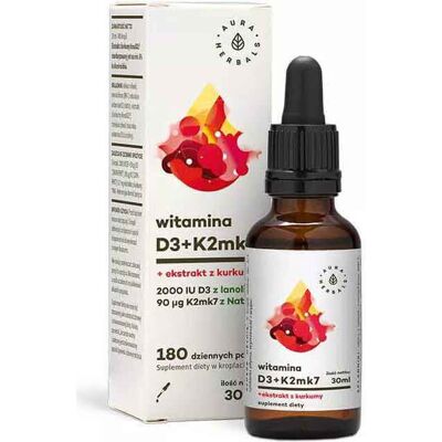 AURA HERBALS Witamina D3 K2MK7 Ekstrakt z Kurkumy - 30ml - 180 Dziennych Porcji AURA HERBALS Witamina D3 K2MK7 Ekstrakt z Kurkumy - 30ml - 180 Dziennych Porcji