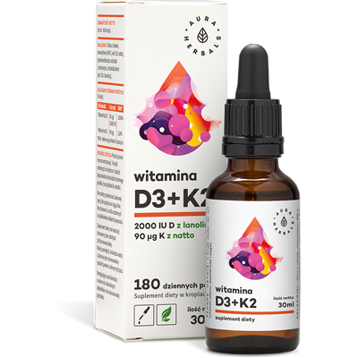 Aura Herbals Witamina D3 + K2MK7 w kroplach - Suplement diety Aura Herbals Witamina D3 + K2MK7 w kroplach - Suplement diety