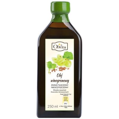 Olej z Ziaren Winogron - Tłoczony na Zimno, Surowy, 250ml Olej z Ziaren Winogron - Tłoczony na Zimno, Surowy, 250ml