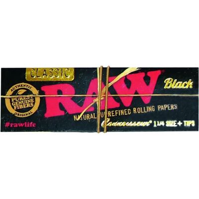 Raw Bibułki Black Connoisseur 1¼ + Końcówki - Naturalne, Nierafinowane Bibułki, 32 Listki + 32 Końcówki Raw Bibułki Black Connoisseur 1¼ + Końcówki - Naturalne, Nierafinowane Bibułki, 32 Listki + 32 Końcówki