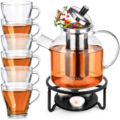 Vilde Dzbanek z zaparzaczem do herbaty szklany 1,2 l + szklanki 250 ml 6 szt. + podgrzewacz Vilde Dzbanek z zaparzaczem do herbaty szklany 1,2 l + szklanki 250 ml 6 szt. + podgrzewacz
