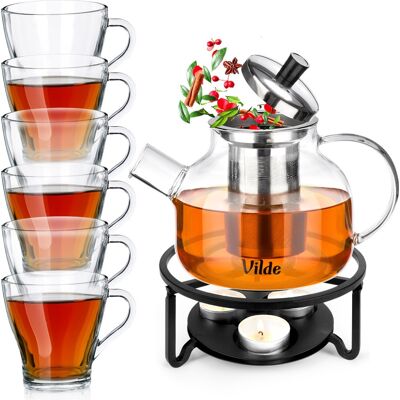 Vilde Dzbanek z zaparzaczem do herbaty szklany 850 ml + szklanki 250 ml 6 szt. + podgrzewacz Vilde Dzbanek z zaparzaczem do herbaty szklany 850 ml + szklanki 250 ml 6 szt. + podgrzewacz