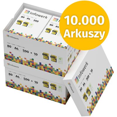 Infowerk Papier do drukarki Papier do kopiowania 10000 arkuszy 20 x 500 A4 80g Jasna biel Premium CIE 160 Zwycięzca testu Certyfikat środowiskowy 100% PEFC Infowerk Papier do drukarki Papier do kopiowania 10000 arkuszy 20 x 500 A4 80g Jasna biel Premium CIE 160 Zwycięzca testu Certyfikat środowiskowy 100% PEFC