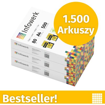 Infowerk Papier do drukarki Papier do kopiowania 1500 arkuszy 3 x 500 A4 80g Jasna biel Premium CIE 160 Zwycięzca testu Certyfikat środowiskowy 100% PEFC Infowerk Papier do drukarki Papier do kopiowania 1500 arkuszy 3 x 500 A4 80g Jasna biel Premium CIE 160 Zwycięzca testu Certyfikat środowiskowy 100% PEFC