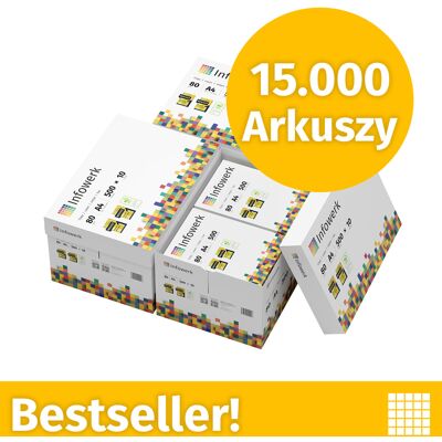 Infowerk Papier do drukarki Papier do kopiowania 15000 arkuszy 30 x 500 A4 80g Jasna biel Premium CIE 160 Zwycięzca testu Certyfikat środowiskowy 100% PEFC Infowerk Papier do drukarki Papier do kopiowania 15000 arkuszy 30 x 500 A4 80g Jasna biel Premium CIE 160 Zwycięzca testu Certyfikat środowiskowy 100% PEFC