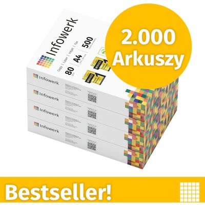 Infowerk Papier do drukarki Papier do kopiowania 2000 arkuszy 4 x 500 A4 80g Jasna biel Premium CIE 160 Zwycięzca testu Certyfikat środowiskowy 100% PEFC Infowerk Papier do drukarki Papier do kopiowania 2000 arkuszy 4 x 500 A4 80g Jasna biel Premium CIE 160 Zwycięzca testu Certyfikat środowiskowy 100% PEFC
