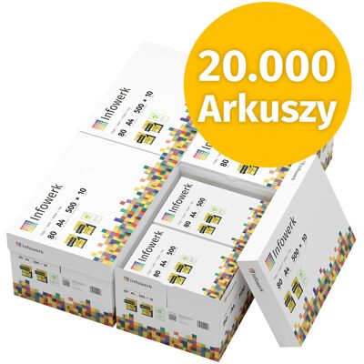 Infowerk Papier do drukarki Papier do kopiowania 20000 arkuszy 40 x 500 A4 80g Jasna biel Premium CIE 160 Zwycięzca testu Certyfikat środowiskowy 100% PEFC Infowerk Papier do drukarki Papier do kopiowania 20000 arkuszy 40 x 500 A4 80g Jasna biel Premium CIE 160 Zwycięzca testu Certyfikat środowiskowy 100% PEFC