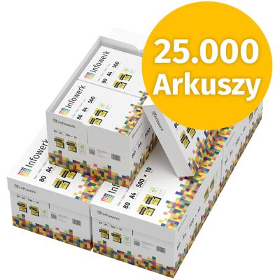 Infowerk Papier do drukarki Papier do kopiowania 25000 arkuszy 50 x 500 A4 80g Jasna biel Premium CIE 160 Zwycięzca testu Certyfikat środowiskowy 100% PEFC Infowerk Papier do drukarki Papier do kopiowania 25000 arkuszy 50 x 500 A4 80g Jasna biel Premium CIE 160 Zwycięzca testu Certyfikat środowiskowy 100% PEFC