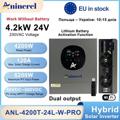Aninerel 4.2KW 24V 6.2KW 48V Hybrydowy Inwerter Solarny z Podwójnym Wyjściem, Kolorowy Wyświetlacz LCD, Inwerter Off/On Grid, MPPT 120A PV 500VDC Aninerel 4.2KW 24V 6.2KW 48V Hybrydowy Inwerter Solarny z Podwójnym Wyjściem, Kolorowy Wyświetlacz LCD, Inwerter Off/On Grid, MPPT 120A PV 500VDC