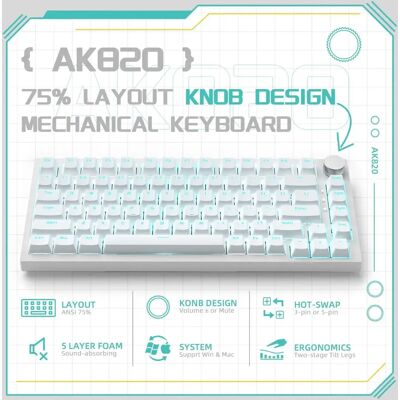 Klawiatura mechaniczna przewodowa AJAZZ AK820 75%: Możliwość wymiany podczas pracy, podświetlenie RGB, sterowanie pokrętłem Do biura i gier Klawiatura mechaniczna przewodowa AJAZZ AK820 75%: Możliwość wymiany podczas pracy, podświetlenie RGB, sterowanie pokrętłem Do biura i gier