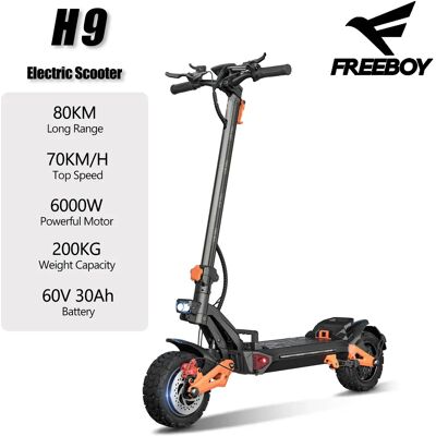 NONE Składana hulajnoga elektryczna FREEBOY H9, silnik 6000W, prędkość 70km/h, zasięg 80km, bateria 60V 30AH, maksymalne obciążenie 200kg dla dorosłych. NONE Składana hulajnoga elektryczna FREEBOY H9, silnik 6000W, prędkość 70km/h, zasięg 80km, bateria 60V 30AH, maksymalne obciążenie 200kg dla dorosłych.