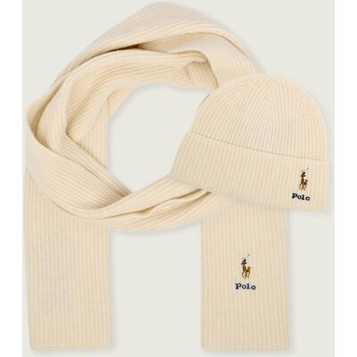 Polo Ralph Lauren Wełniany szal + czapka kremowy OS Polo Ralph Lauren Wełniany szal + czapka kremowy OS