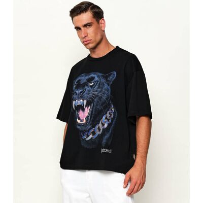 Just Cavalli T-shirt Rhinestone Panther Loose fit czarny M Just Cavalli T-shirt Rhinestone Panther Loose fit czarny M