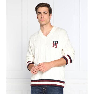 Tommy Hilfiger Wełniany sweter MONOGRAM CABLE CRICKET Oversize fit kremowy XL Tommy Hilfiger Wełniany sweter MONOGRAM CABLE CRICKET Oversize fit kremowy XL