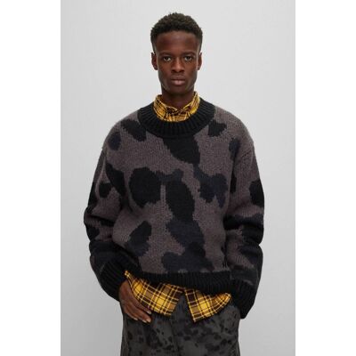 HUGO Sweter Sattiner Oversize fit z dodatkiem wełny grafitowy XL HUGO Sweter Sattiner Oversize fit z dodatkiem wełny grafitowy XL