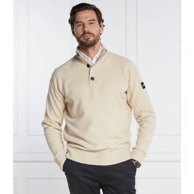 Calvin Klein Sweter LYCRA BLEND BUTTON QUARTER ZIP Regular Fit z dodatkiem wełny beżowy XXL Calvin Klein Sweter LYCRA BLEND BUTTON QUARTER ZIP Regular Fit z dodatkiem wełny beżowy XXL