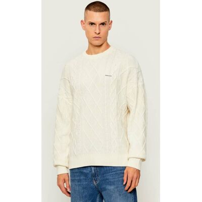 Guess Jeans Sweter Relaxed fit z dodatkiem wełny ecru XXL Guess Jeans Sweter Relaxed fit z dodatkiem wełny ecru XXL