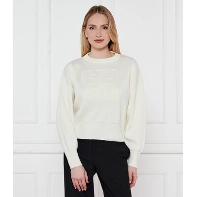 HUGO Sweter Sisminye Loose fit z dodatkiem wełny kremowy L HUGO Sweter Sisminye Loose fit z dodatkiem wełny kremowy L