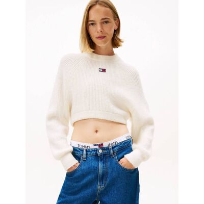 Tommy Jeans Sweter Cropped Fit z dodatkiem wełny ecru M Tommy Jeans Sweter Cropped Fit z dodatkiem wełny ecru M