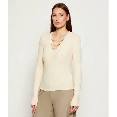 Patrizia Pepe Sweter Slim Fit z dodatkiem wełny kremowy L Patrizia Pepe Sweter Slim Fit z dodatkiem wełny kremowy L