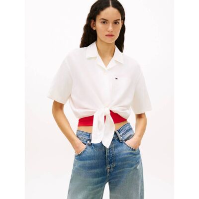 Tommy Jeans Lniana koszula Cropped Fit ecru S Tommy Jeans Lniana koszula Cropped Fit ecru S