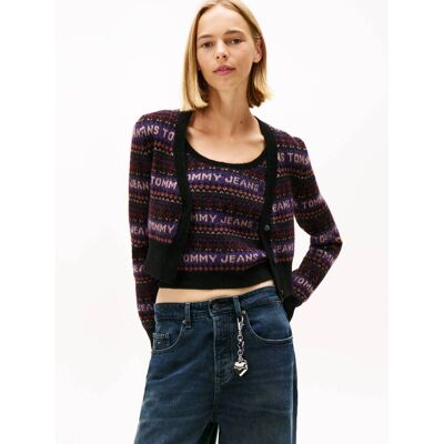 Tommy Jeans Kardigan FAIRISLE Cropped Fit z dodatkiem wełny fioletowy XL Tommy Jeans Kardigan FAIRISLE Cropped Fit z dodatkiem wełny fioletowy XL