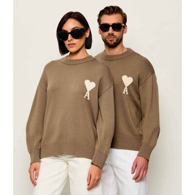 AMI Paris Wełniany sweter DE COEUR Regular Fit beżowy L AMI Paris Wełniany sweter DE COEUR Regular Fit beżowy L