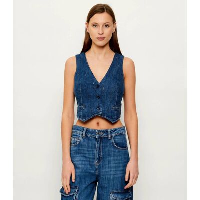 Liu Jo Jeansowa kamizelka Slim Fit z dodatkiem lnu niebieski 36 Liu Jo Jeansowa kamizelka Slim Fit z dodatkiem lnu niebieski 36