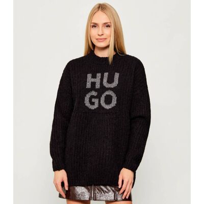 HUGO Wełniany sweter Sloguis Oversize fit czarny L HUGO Wełniany sweter Sloguis Oversize fit czarny L