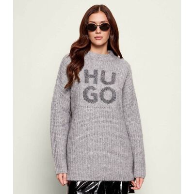 HUGO Wełniany sweter Sloguis Oversize fit szary XL HUGO Wełniany sweter Sloguis Oversize fit szary XL