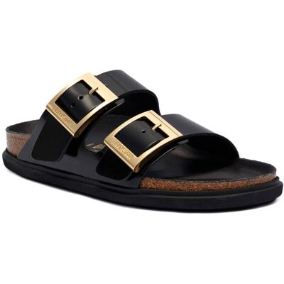 Birkenstock Skórzane klapki Arizona Droplet Buckle narrow fit czarny 36 Birkenstock Skórzane klapki Arizona Droplet Buckle narrow fit czarny 36