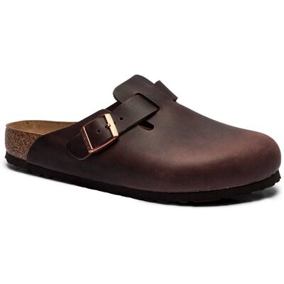 Birkenstock Skórzane mule Boston SFB LEOI Habana regular fit brązowy 44 Birkenstock Skórzane mule Boston SFB LEOI Habana regular fit brązowy 44
