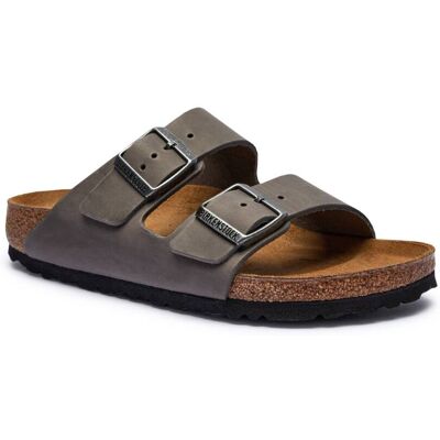 Birkenstock Skórzane klapki Arizona LEOI narrow fit szary 37 Birkenstock Skórzane klapki Arizona LEOI narrow fit szary 37