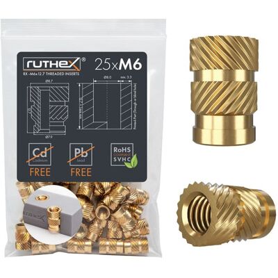 Ruthex M6 Threaded Insert – Rx-m6x12.7 - 25 Pcs Ruthex M6 Threaded Insert – Rx-m6x12.7 - 25 Pcs
