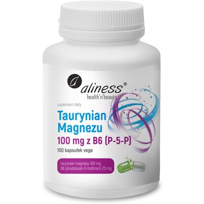 ALINESS Taurynian Magnezu 100 mg z B6 (P-5-P) - suplement diety - 100 kapsułek ALINESS Taurynian Magnezu 100 mg z B6 (P-5-P) - suplement diety - 100 kapsułek